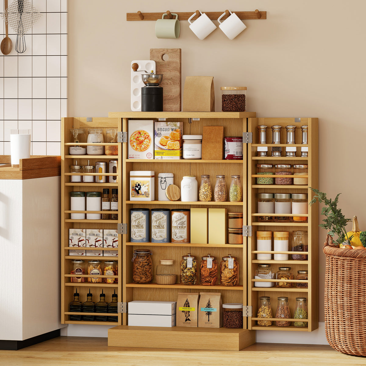 104 cm Rattan-Küchenschrank mit 5-stufigem Regal, 12 Gewürzfächern und verstellbaren Böden, Natur