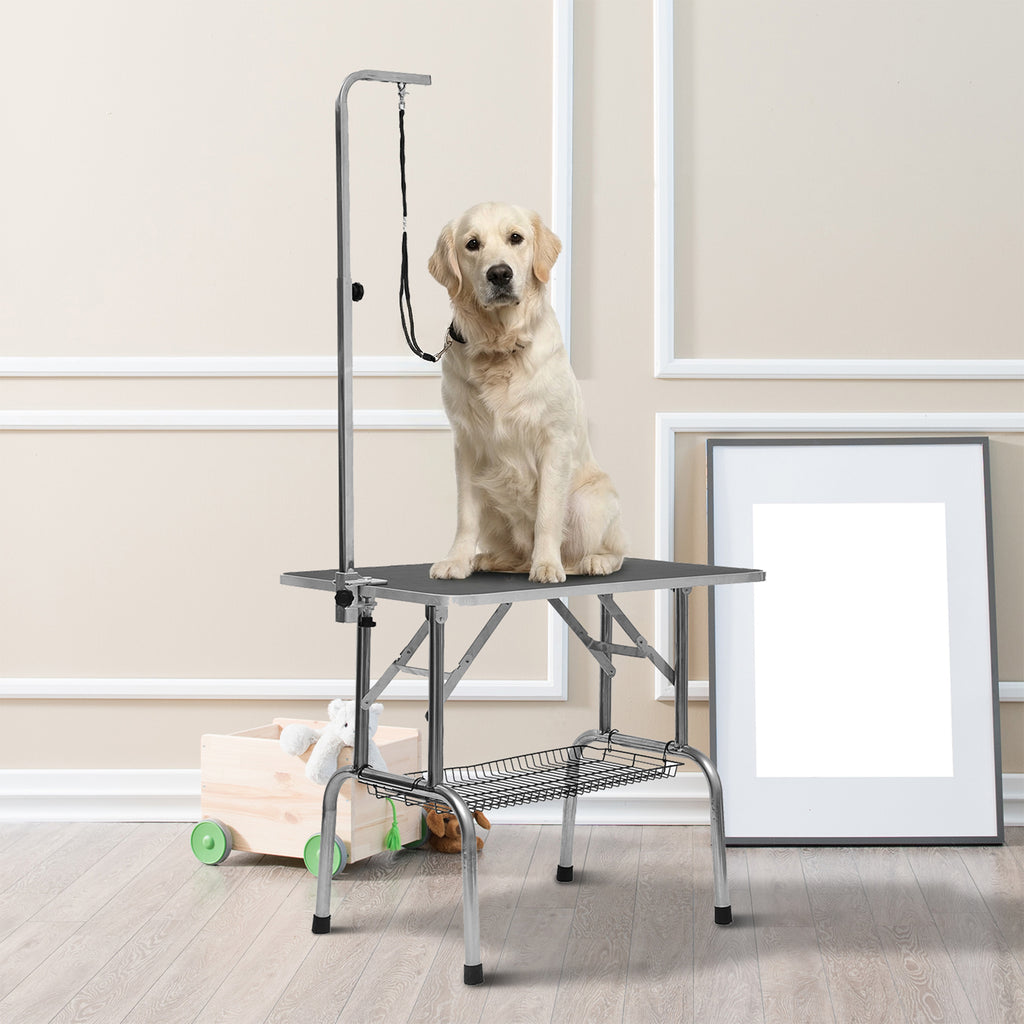Trimmtisch für Hunde Hundepflegetisch klappbar, Haustierpflegetisch mit höhenverstellbarem Galgen, Schlingen, Netzkorb, Schertisch bis 150 kg, 90 x 60 x 75 cm, Schwarz