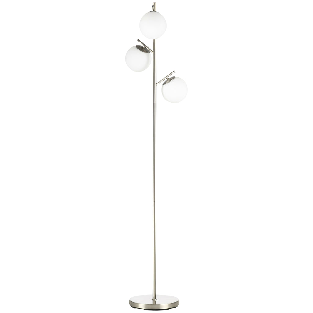 Stehlampe mit 3 Lampenschirmen aus Glas, E 27, Fußschalter, Silber + Weiß
