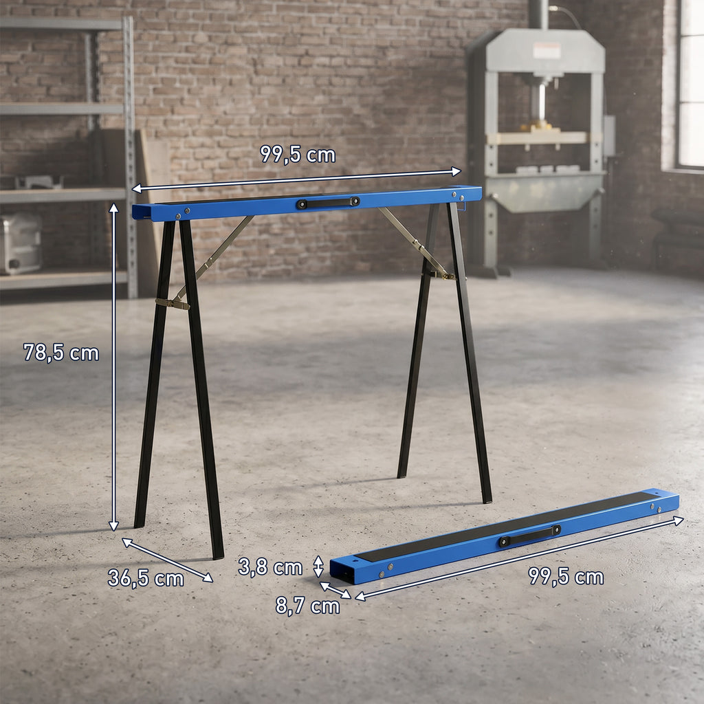 Set aus 2 robusten, klappbaren Sägeböcken aus Metall für Schreinerarbeiten und DIY-Projekte, Blau und Schwarz