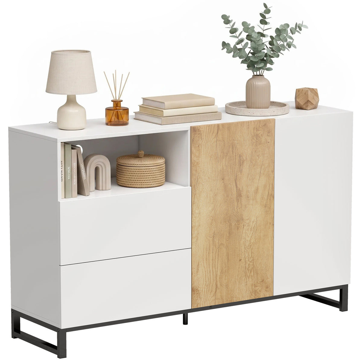 Sideboard Moderner Aufbewahrungsschrank mit 2 Soft-Close-Türen und 2 Schubladen 140x40x85 cm, Weiß