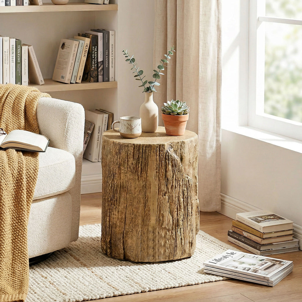 Tree Stump End Table, Round Concrete Side Table for Indoor and Outdoor Use, Natural Wood Effect