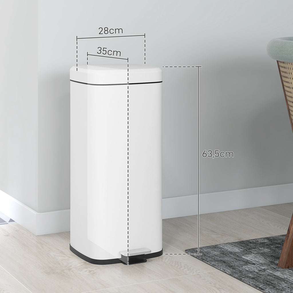 M¨¹lleimer 30L, Soft-Close-Deckel, Fingerabdrucksicher, Fu?pedal, Metall/Kunststoff, 28x35x63,5 cm, Wei?