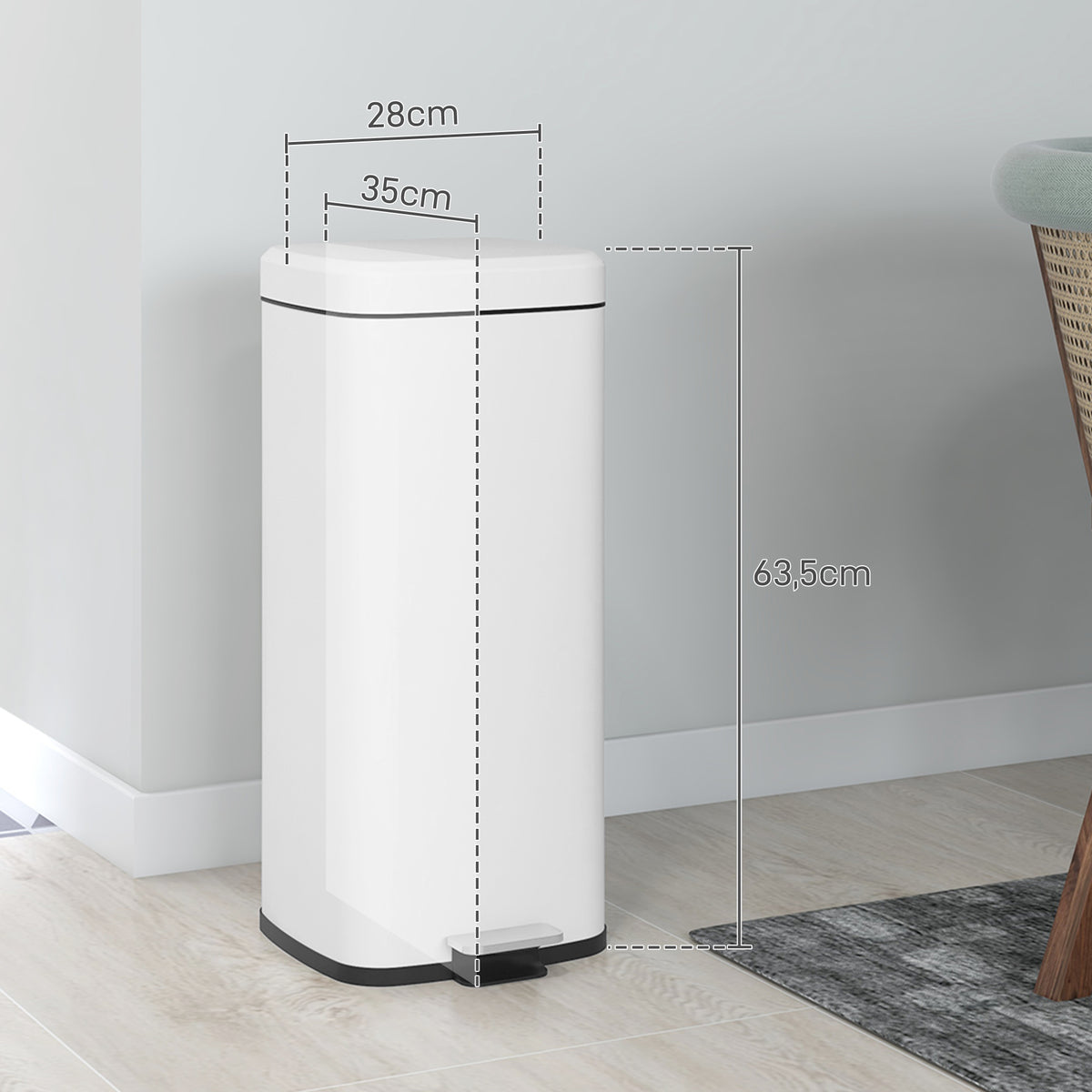 M¨¹lleimer 30L, Soft-Close-Deckel, Fingerabdrucksicher, Fu?pedal, Metall/Kunststoff, 28x35x63,5 cm, Wei?