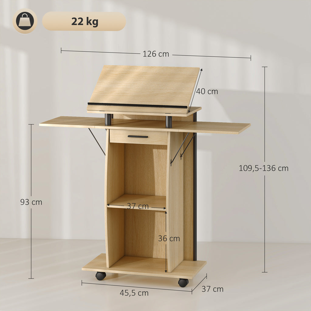 Rolling Podium Stand, Lectern with Folding Side Wings, Laptop Table with Drawer and Shelves, Oak Look