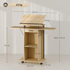 Rolling Podium Stand, Lectern with Folding Side Wings, Laptop Table with Drawer and Shelves, Oak Look