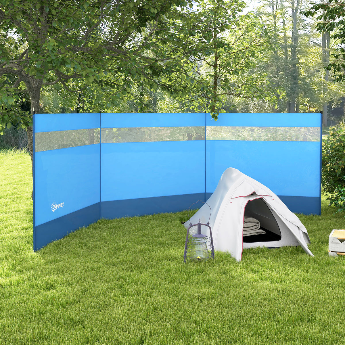 Camping Windbreaker with Clear Windows, Carry Bag and Steel Poles, for Beach Caravan Campervan, 440 x 140cm, Blue