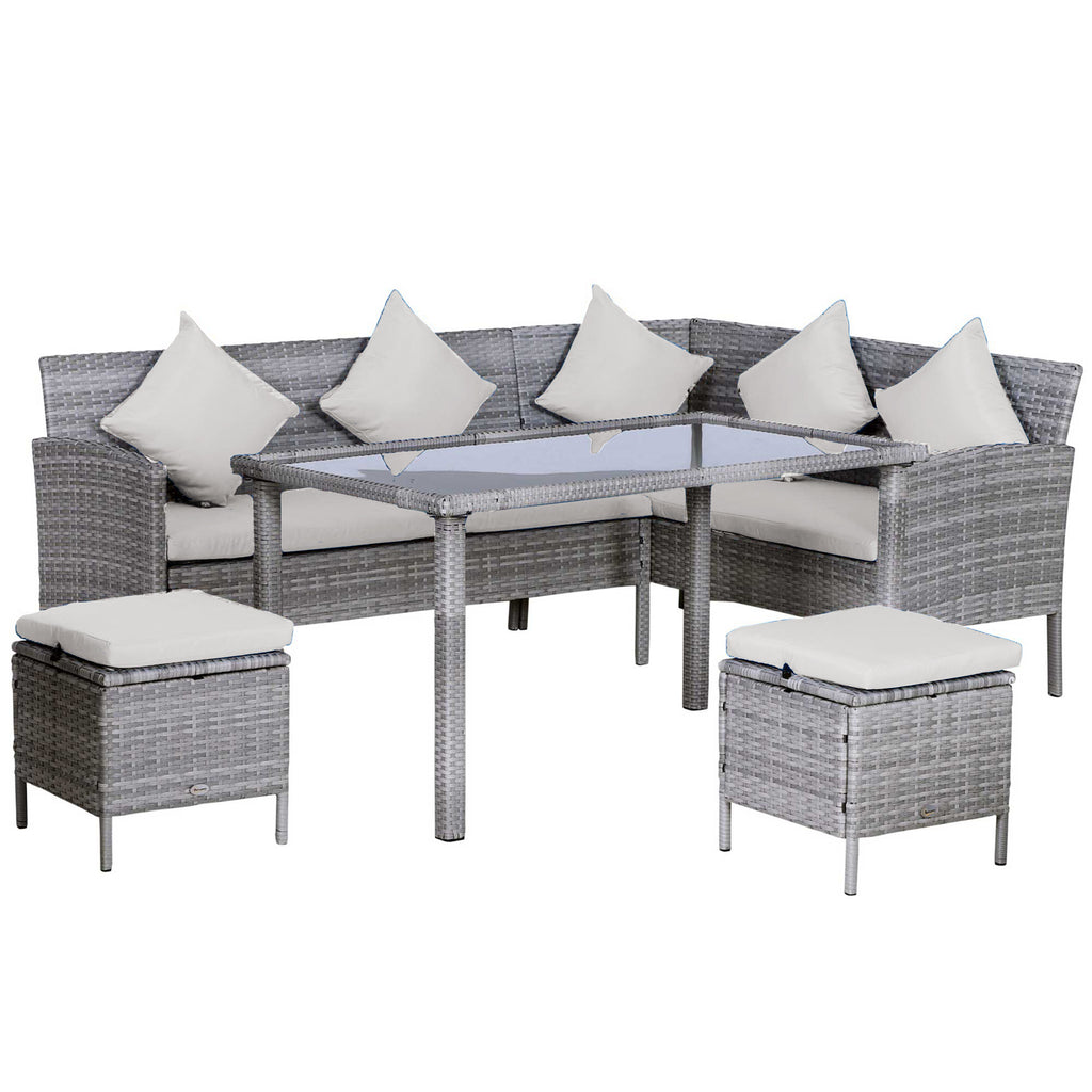  5-tlg. Gartenmöbel Set, Rattan Sitzgruppe mit Fußhocker, Metall, Grau, 142 x 60 x 75 cm