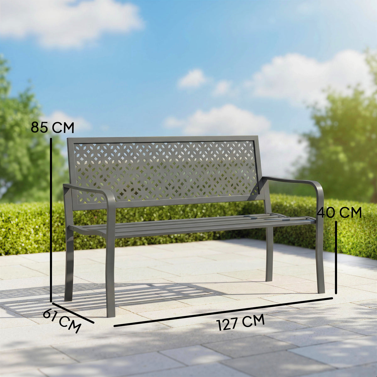 Gartenbank 2-Sitzer Metall wetterfest Outdoor Sitzbank mit rostbeständiger Rückenlehne, Geometrisch bis 240 kg