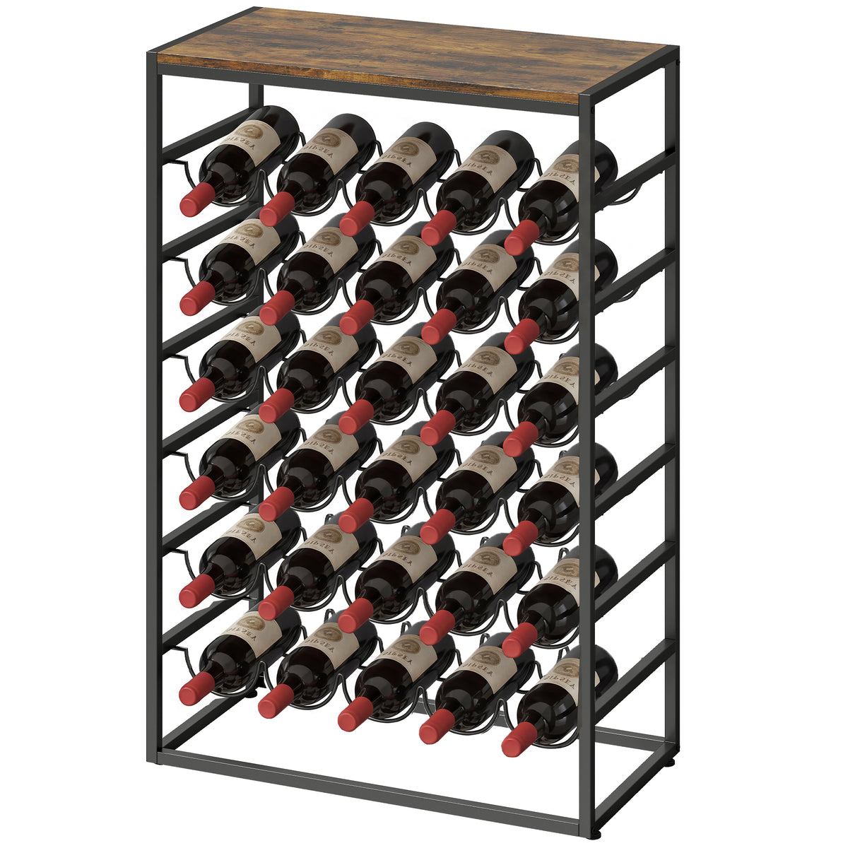 30 Bottles Wine Rack, 6 Tier Free Standing Wine Storage Holder with Wood Effect Tabletop, Rustic Brown