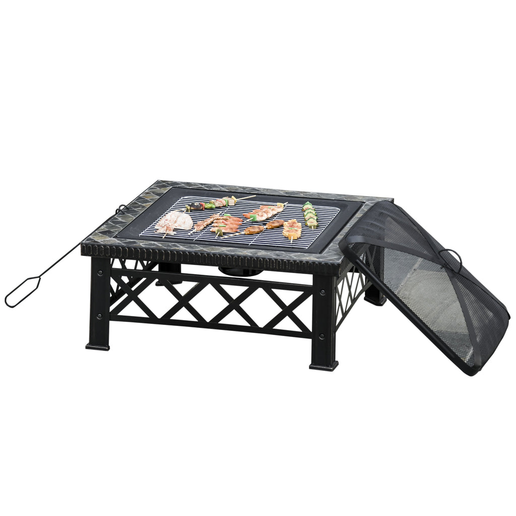 Large Outdoor Fire Pit Table, 3 in 1 Square Wood Burning Firepit Metal Brazier, BBQ Grill, Ice Bucket w/ Grill Grate, Log Grate, Lid, Poker for Garden, Camping, Bonfire, 76 x 76 x 47cm, Black