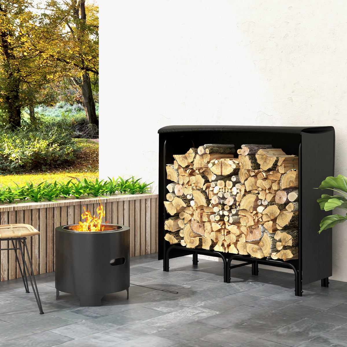 Feuerholzgestell, 0,33 m³, mit Tragetasche & Abdeckung, Metallrahmen, bis 150 kg, 120 x 36 x 99 cm, Schwarz