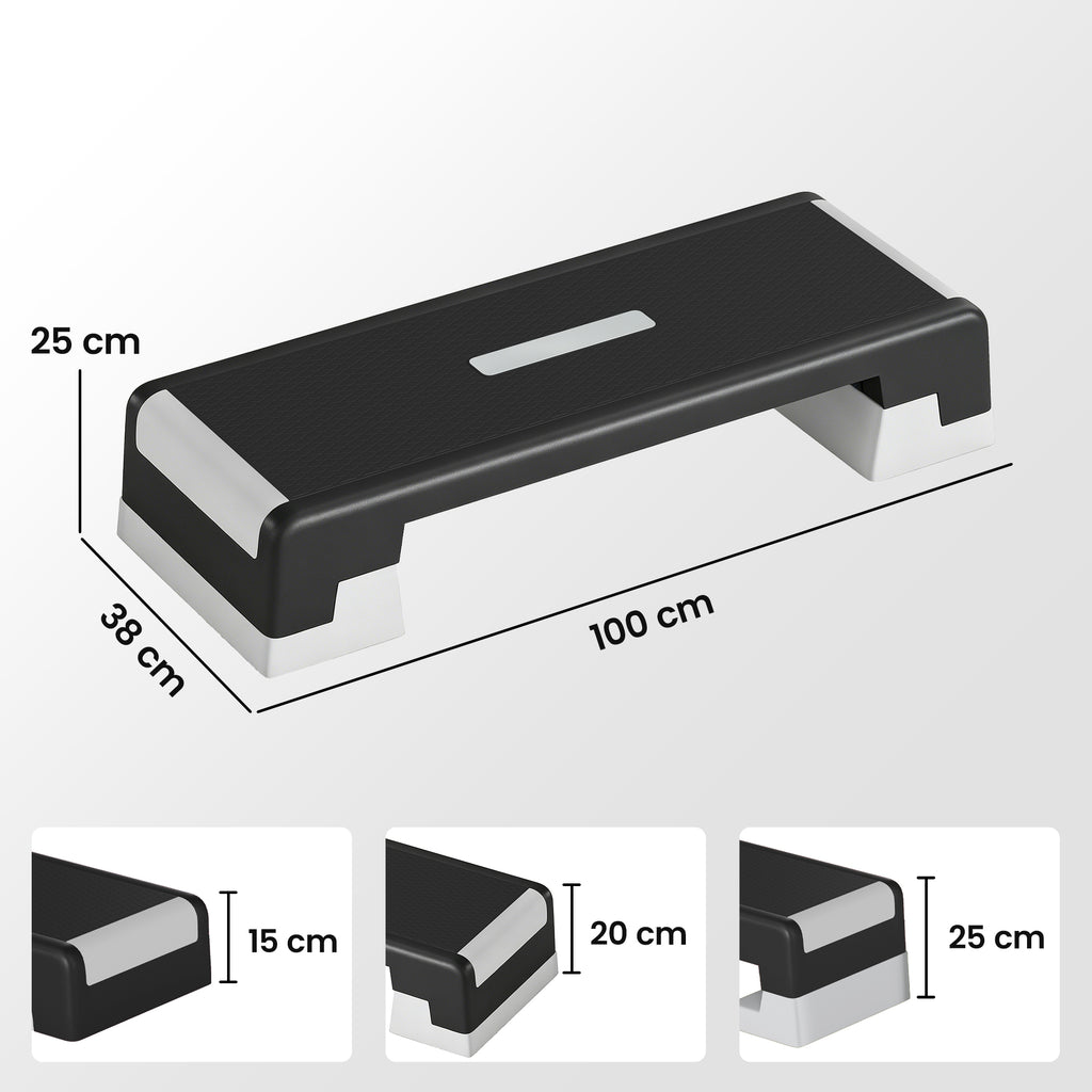 Steppbrett höhenverstellbar Fitness Aerobic Stepper mit 3 Stufen (15/20/25 cm), Anti-Rutsch-Matte Schwarz+Grau