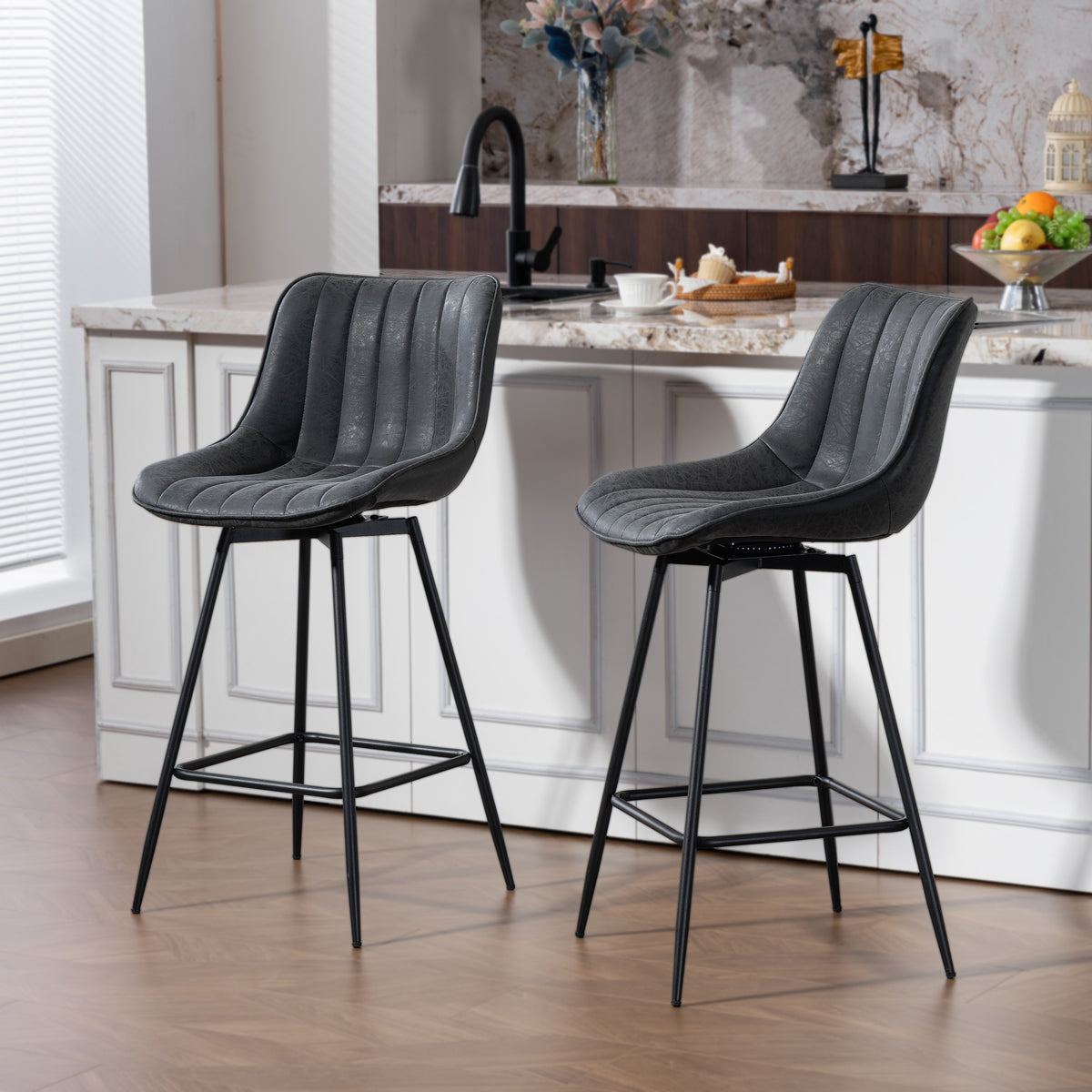 Barhocker 2er Set, 68 cm drehbare Tresenhocker mit Rückenlehne für Kücheninsel, Esszimmer, Schwarz