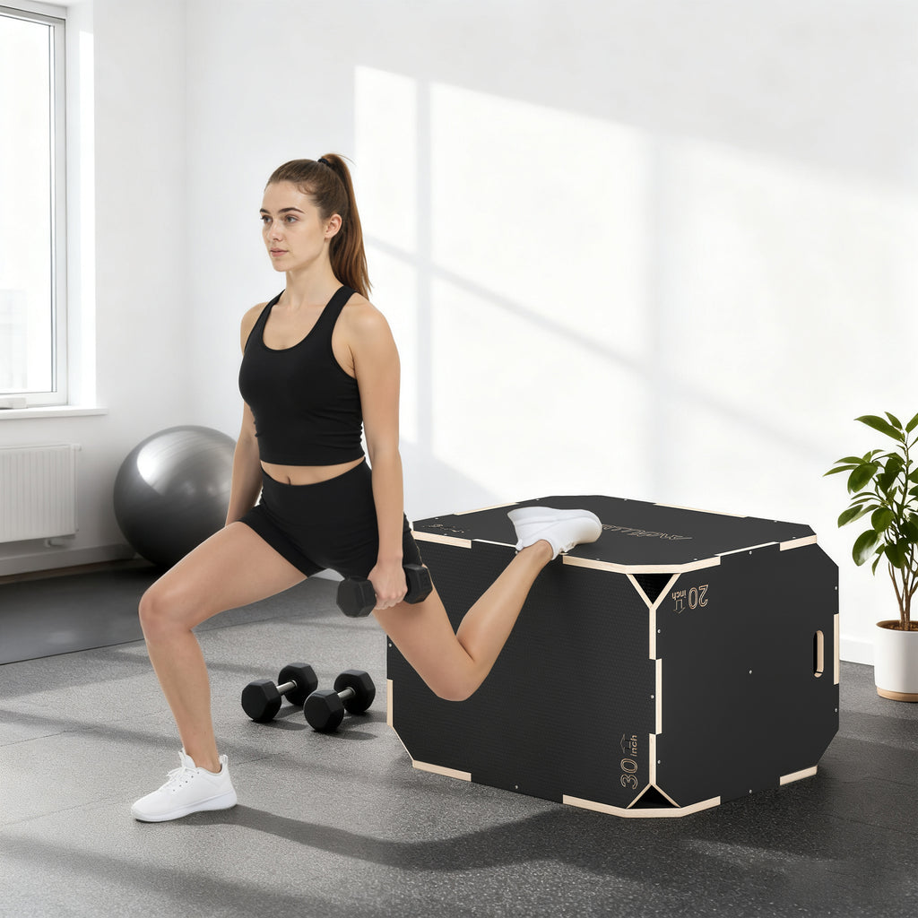 3-in-1 Plyo-Box, Sprungbox mit Griff-?ffnungen, f¨¹r Home-Fitness und Outdoor-Workouts, 3 Sprungh?hen, Holz, Schwarz