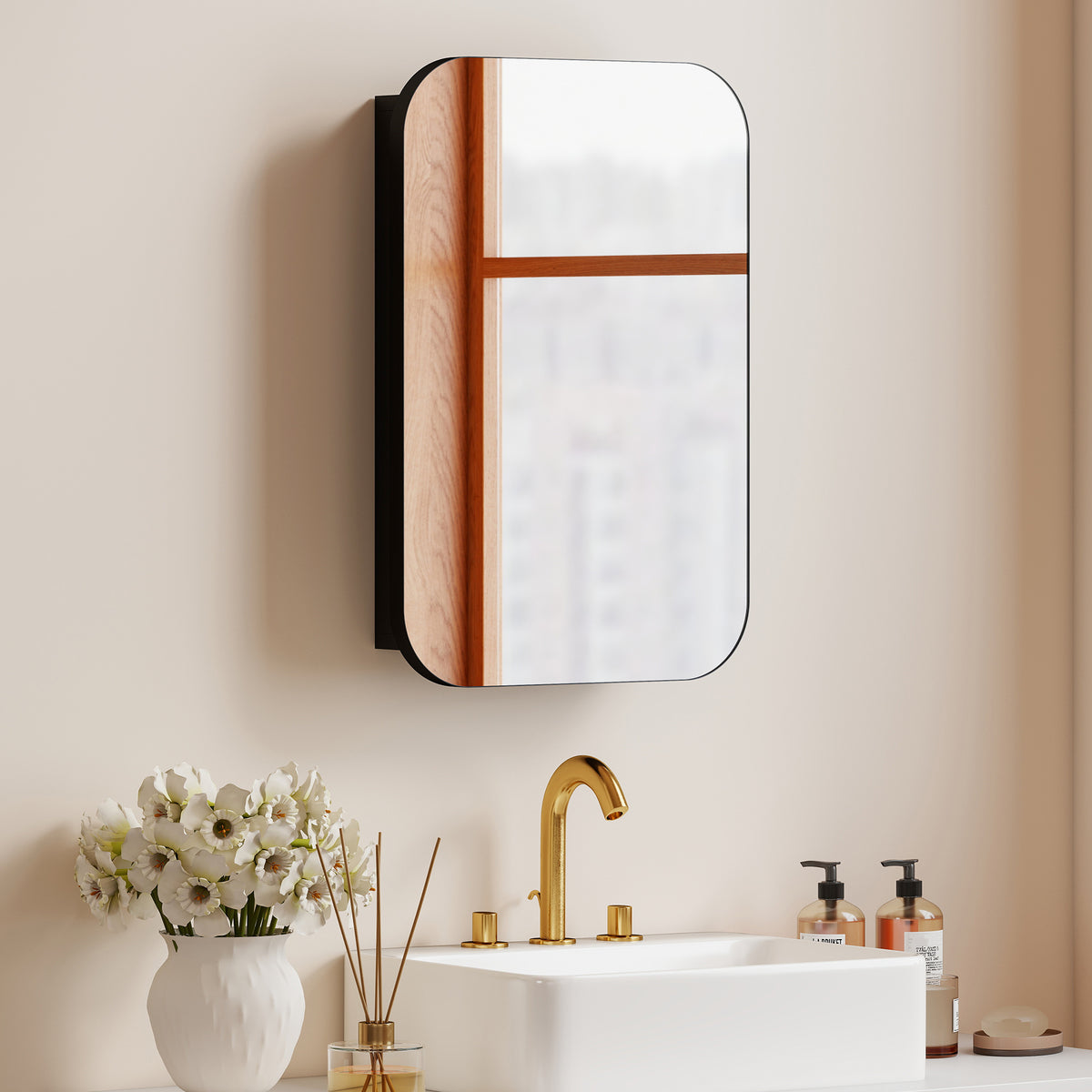 Spiegelschrank Bad, Badezimmerschrank mit Spiegel, Hängeschrank mit Verstellbarem Regal, 40 x 10 x 60 cm, Schwarz