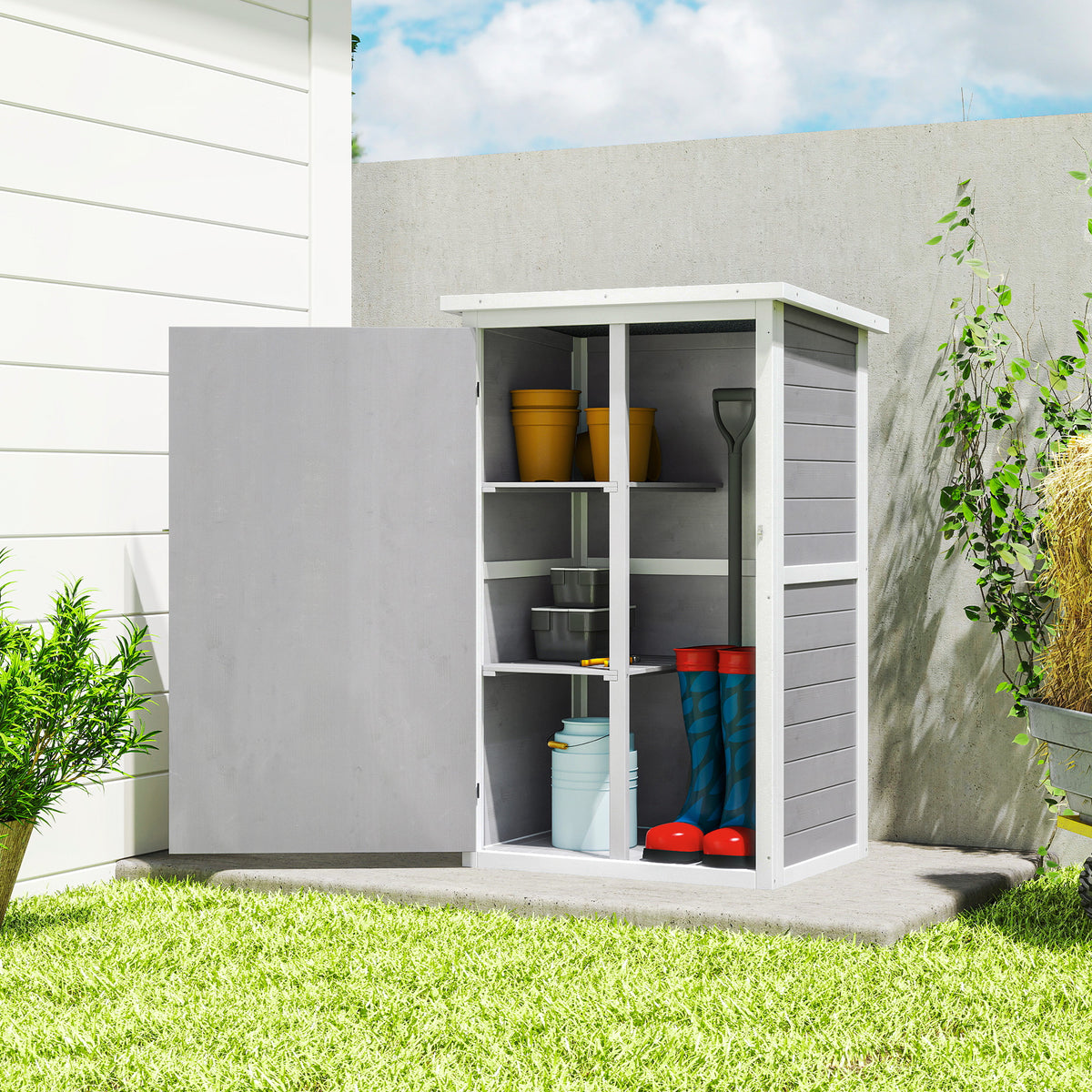 Wooden Small Shed, Garden Storage Shed with Shelves and Bolt Latch, 75L x 56W x115H cm, Grey