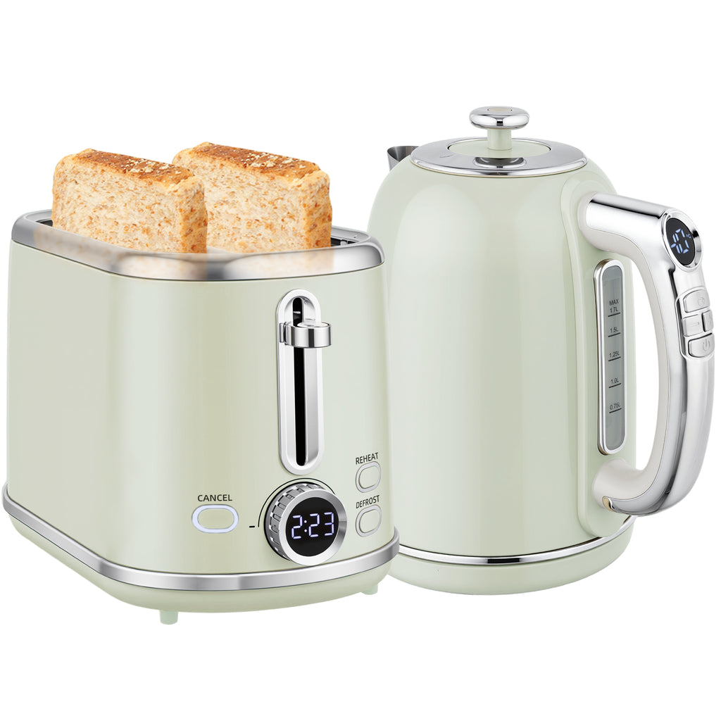 Wasserkocher- und Toaster-Set, LED-Anzeige, 1,7 Liter, 2200W, Retro-Design, Memory-Funktion, Grau