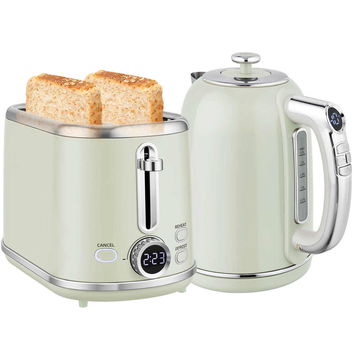 Wasserkocher- und Toaster-Set, LED-Anzeige, 1,7 Liter, 2200W, Retro-Design, Memory-Funktion, Grau