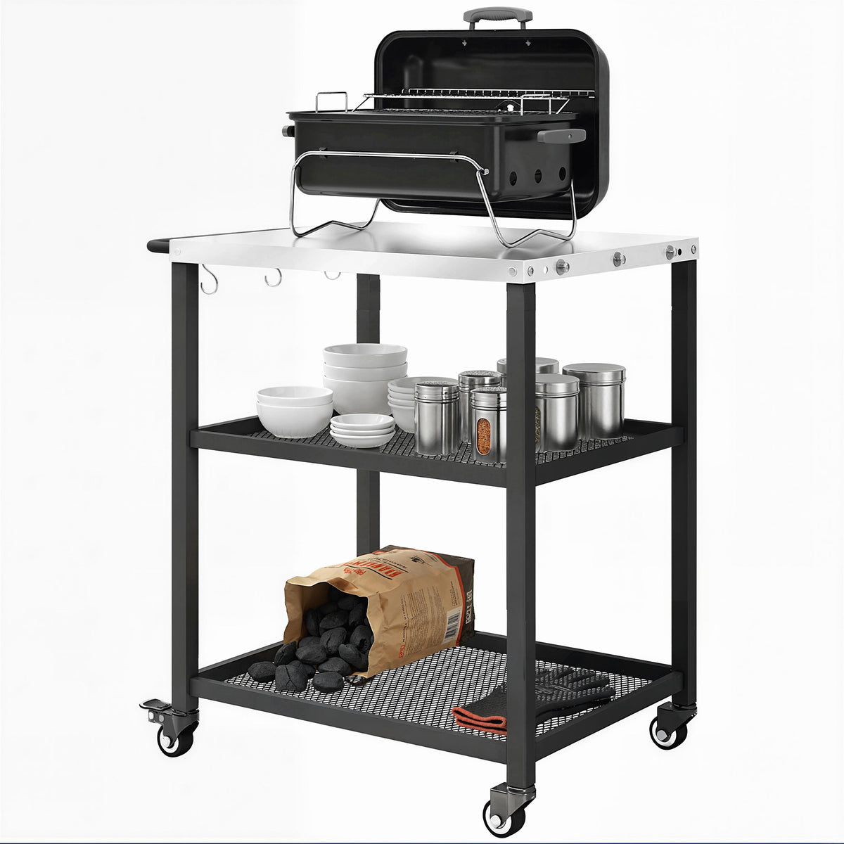 Outdoor Grill Cart with Stainless Steel Tabletop, 3-Tier Pizza Oven Stand with Adjustable Shelf, Hooks, Wheels, Black