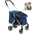 Hundewagen, Leichter und faltbarer Transportwagen für kleine Hunde, waschbares Kissen, Netzfenster, Dunkelblau