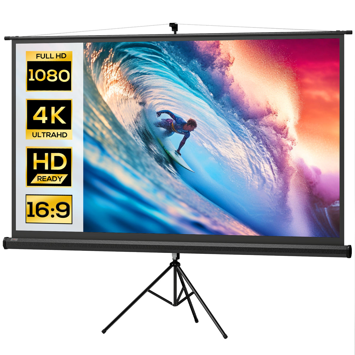 Beamer Leinwand mit Stativ 221 x 124 cm 100 Zoll 16:9 HD 4K Rollo-Leinwand