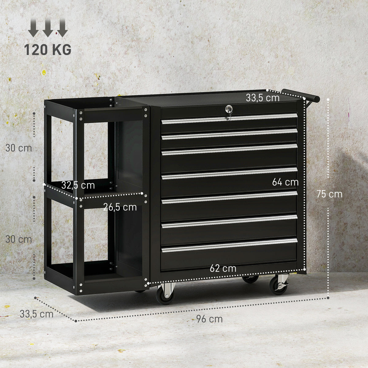 Lockable Steel Tool Chest on Wheels, 7 Drawer Tool Box with Handle for Workshop, Garage, Black