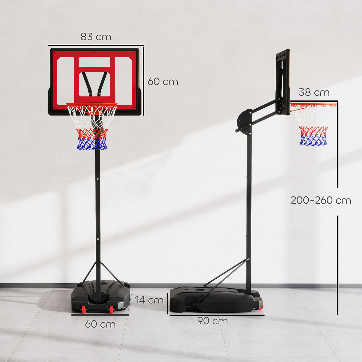 Basketballkorb, Outdoor-Basketballkorb für Jugendliche 200-260 cm höhenverstellbar, mit Rädern, Rot
