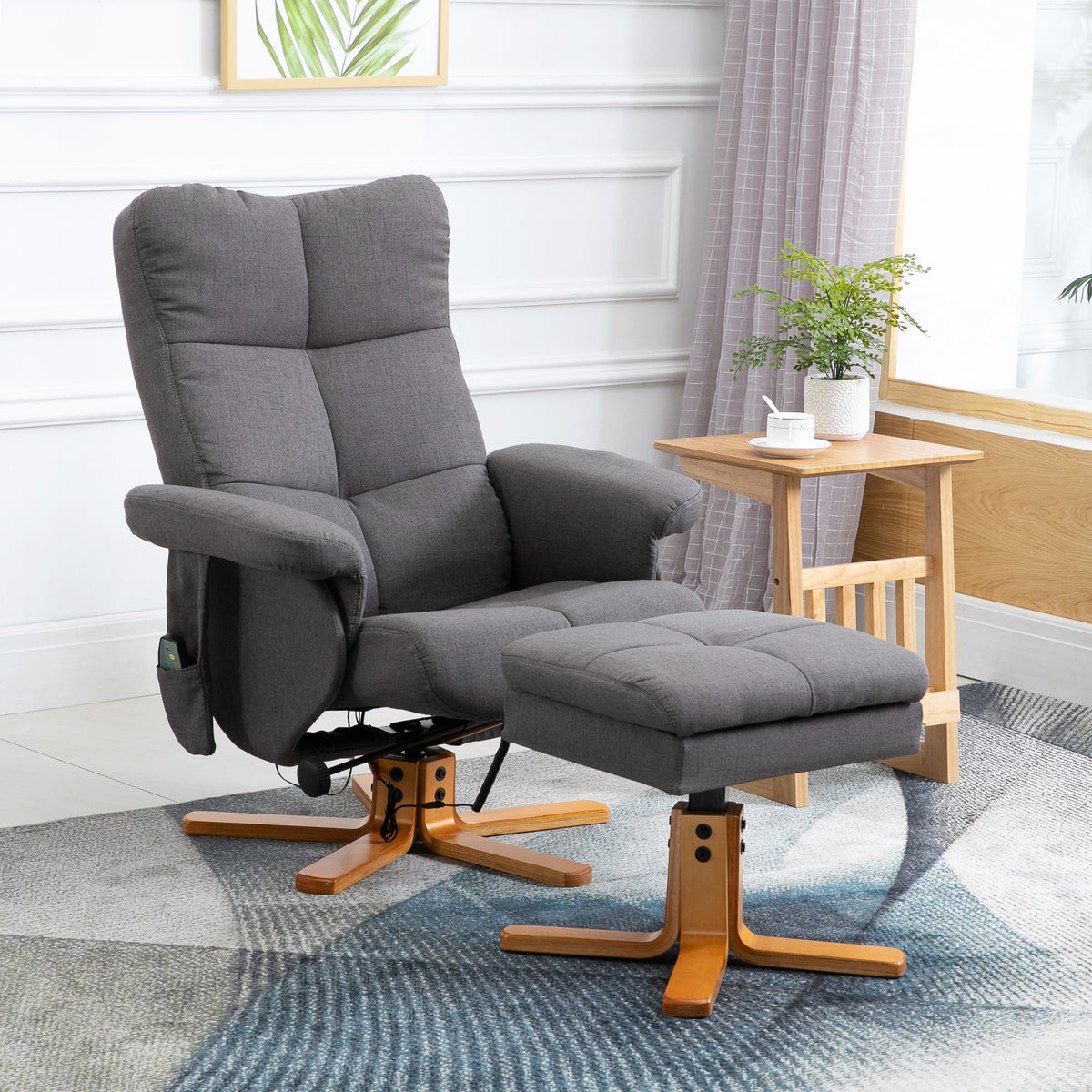 Relaxsessel mit Hocker, 360°drehbarer Fernsehsessel mit Massage, Liegefunktion, Massagesessel mit Seitentasche, TV-Sessel, Polyester für Wohnzimmer Dunkelgrau