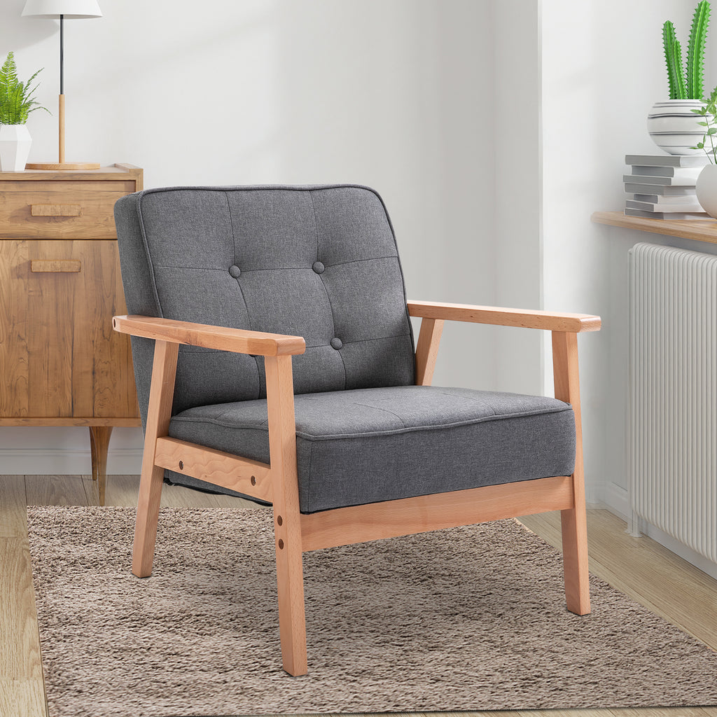 Sessel Wohnzimmer Loungesessel Relaxsessel mit Holzbeine Lesesessel mit Leinenoptik, Polstersessel für Schlafzimmer Grau