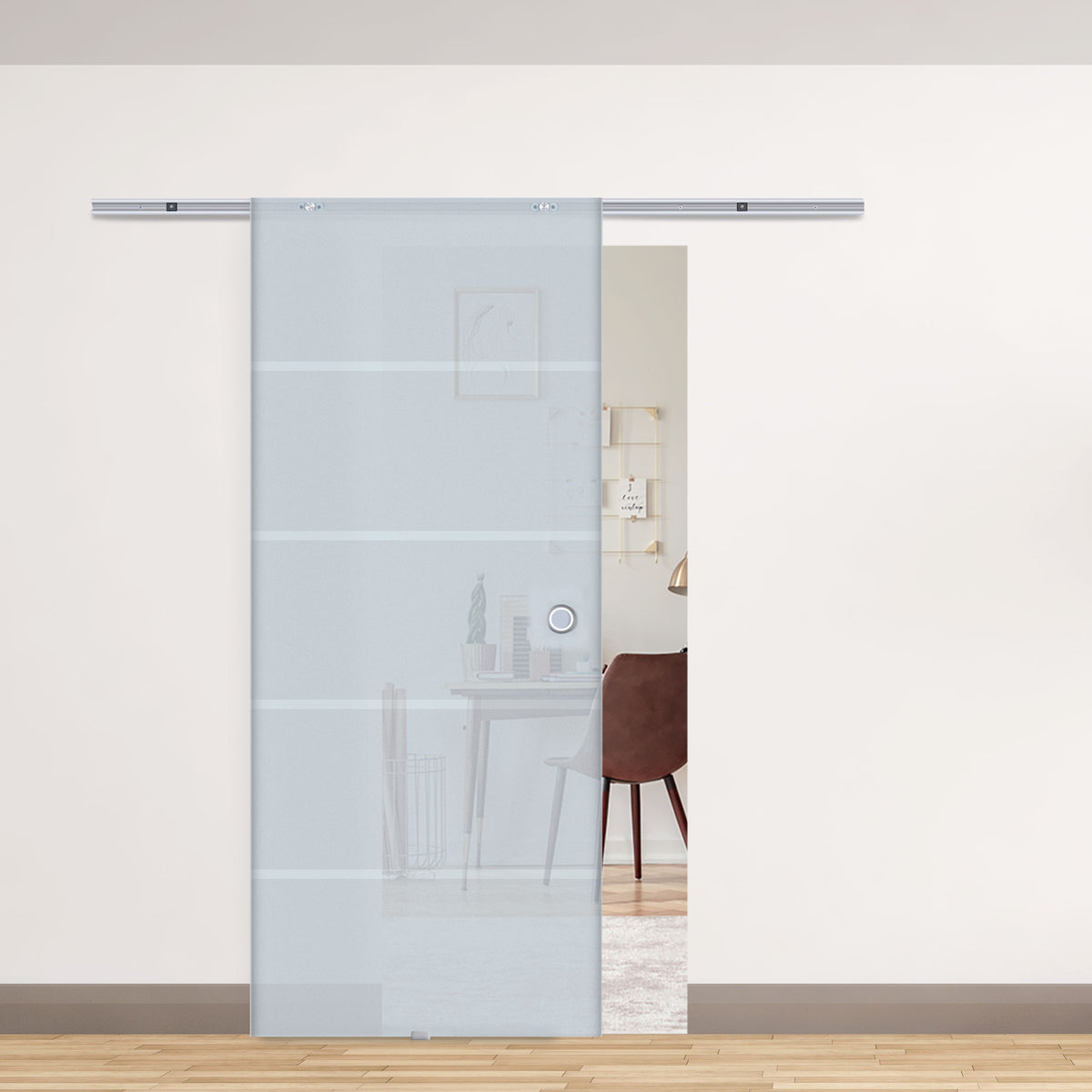 90cm Modern Sliding Door Include Hardware Track System Kit, Frosted Stripe Glass Door, Round Handle
