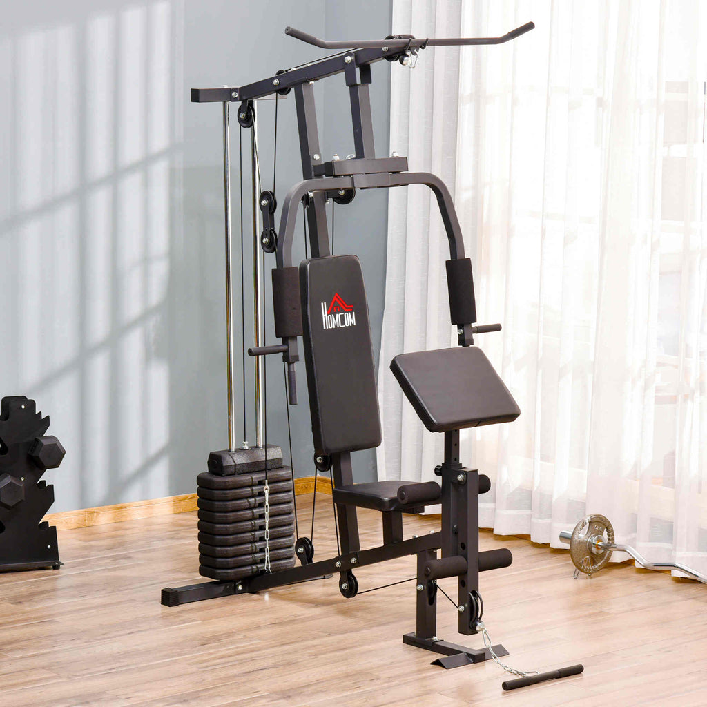 Kraftstation für Zuhause Fitnessstation mit Latzuggerät, Kabelzug, kurzer Bizepsstange, Brustpresse, Beintrainer, Butterfly-Maschine 45kg Gewichten Multifunktion Fitnessstation Schwarz