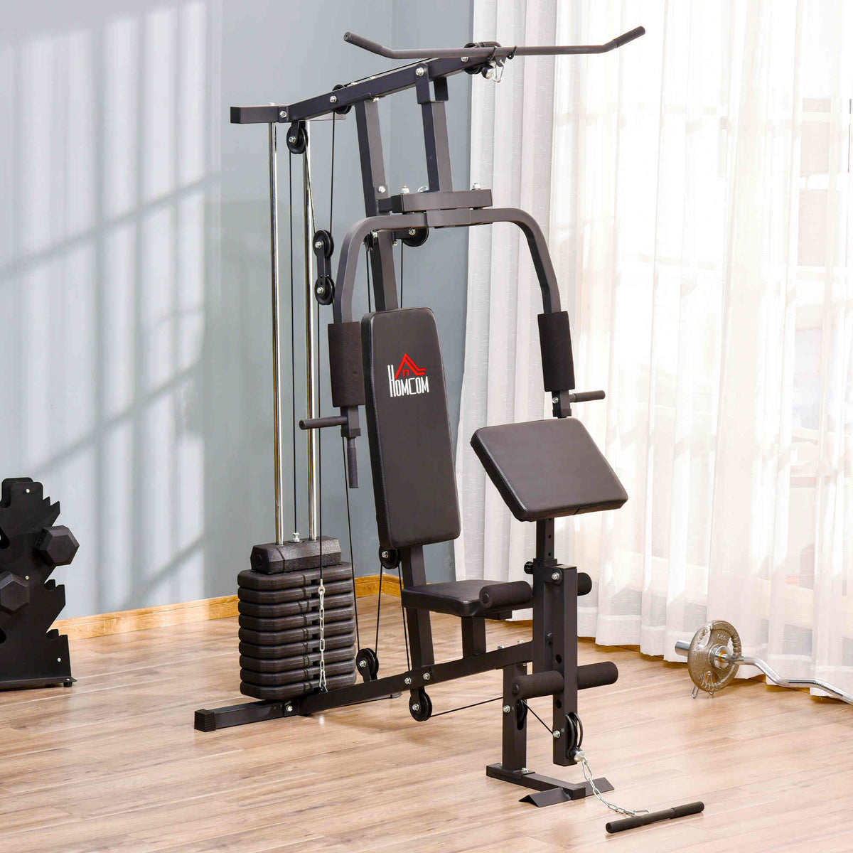 Kraftstation für Zuhause Fitnessstation mit Latzuggerät, Kabelzug, kurzer Bizepsstange, Brustpresse, Beintrainer, Butterfly-Maschine 45kg Gewichten Multifunktion Fitnessstation Schwarz