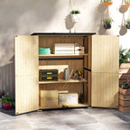 Gartenschrank aus Holz und Stahl, Outdoor-Werkzeugschrank mit Asphalt-Dach, 2 Regale, verschließbare Türen, Naturholz