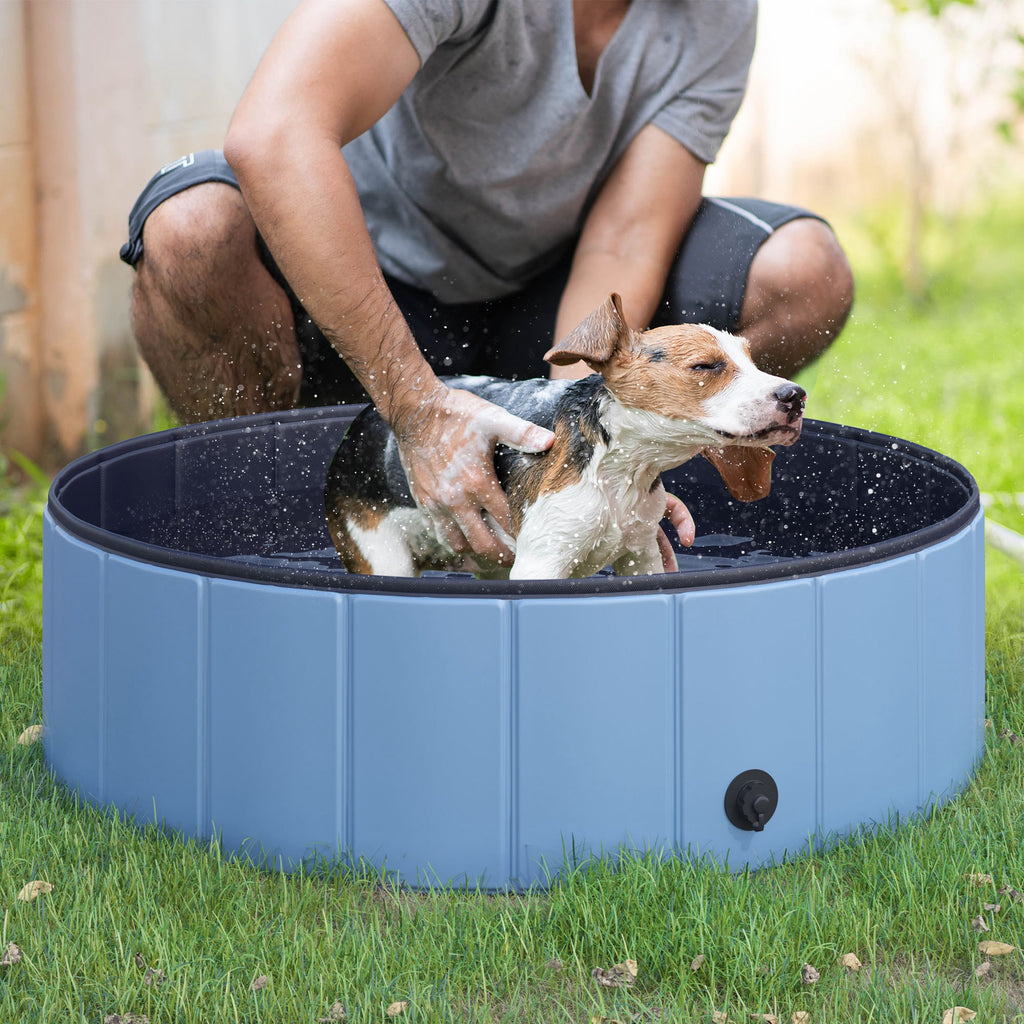  Dog Paddling Pool, Foldable Dog Pool, Leakproof & Hard Plastic, Portable Pet Bathtub with Non-Slip Base & Drainage Hole, for Indoors, Outdoors, Garden, Patio, 100 x 30 cm, Blue