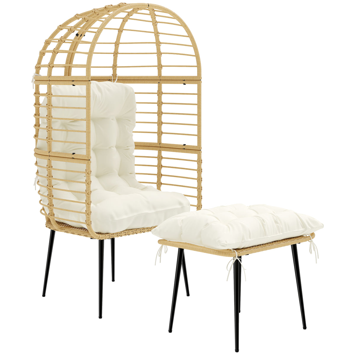 Gartensessel mit Hocker PE Rattan Ei-Form Korbsessel mit langen & dicken Kissen Metallrahmen Beige