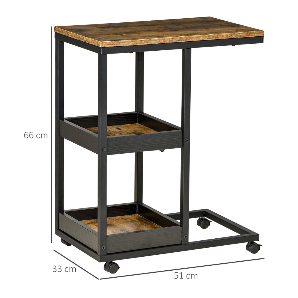 Mobile Sofa Side Table, Industrial C-Shaped Rolling Table with 3-Tier Storage Shelving, Four Lockable Wheels Steel Frame, Dark Brown