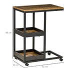 Mobile Sofa Side Table, Industrial C-Shaped Rolling Table with 3-Tier Storage Shelving, Four Lockable Wheels Steel Frame, Dark Brown