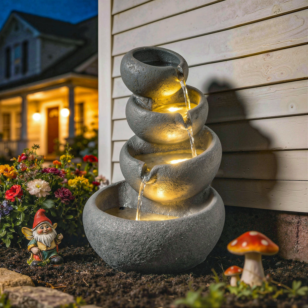 Springbrunnen Outdoor aus Kunstharz 4-stufig Gartenbrunnen mit LED Beleuchtung Pumpe Steinoptik 35 x 32 x 50 cm