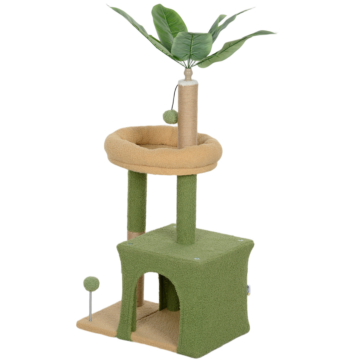 Kratzbaum 98 cm hoch Katzenbaum mit Höhle, Katzenbett Blätter-Design, Jutestämme, 2 Spielbälle für Katzen unter 5 kg