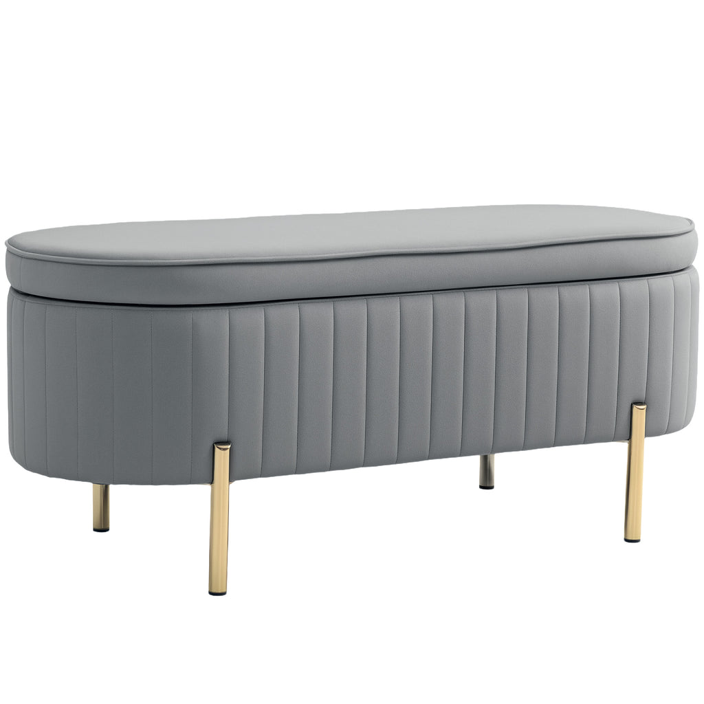 Sitzbank mit Klappdeckel und Stauraum, Stoffbezug, Holz, Metall, Grau+Goldfarben