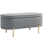 Sitzbank mit Klappdeckel und Stauraum, Stoffbezug, Holz, Metall, Grau+Goldfarben