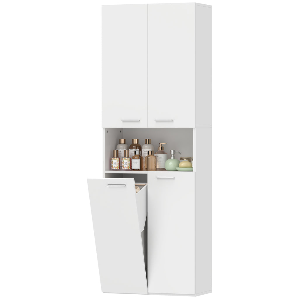 174 cm hoher Badezimmerschrank mit ausklappbarem Wäschekorb und Soft-Close-Türen, Weiß