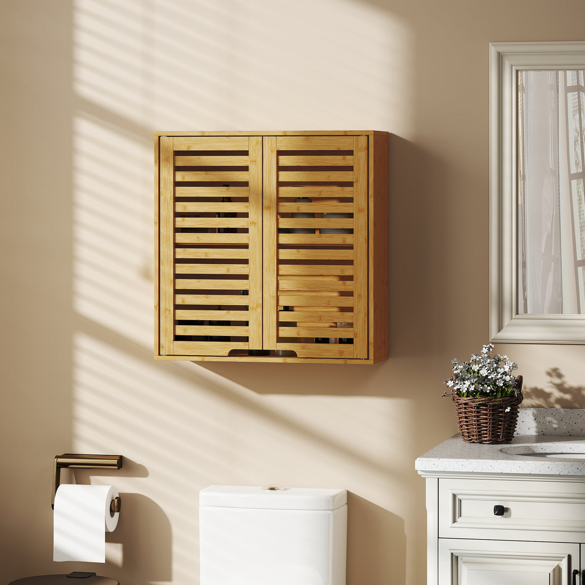 Badezimmerschrank Hängeschrank aus Bambus mit atmungsaktiv Lamellentüren, verstellbar Ablage 60 x 20 x 60 cm Naturholz