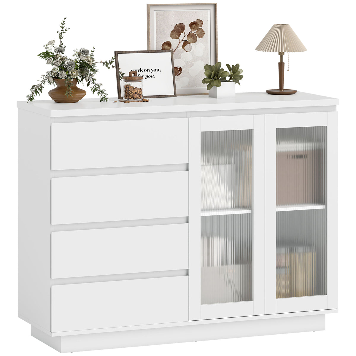 Buffetschrank, Sideboard mit 4 Schubladen, 2 Glast¨¹ren, modernes Design, MDF, Wei?