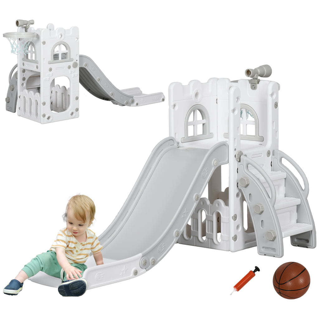 5 in 1 Toddler Slide with Basketball Hoop, Climber, Telescope, Storage Basket, for Ages 1-3 Years, Grey