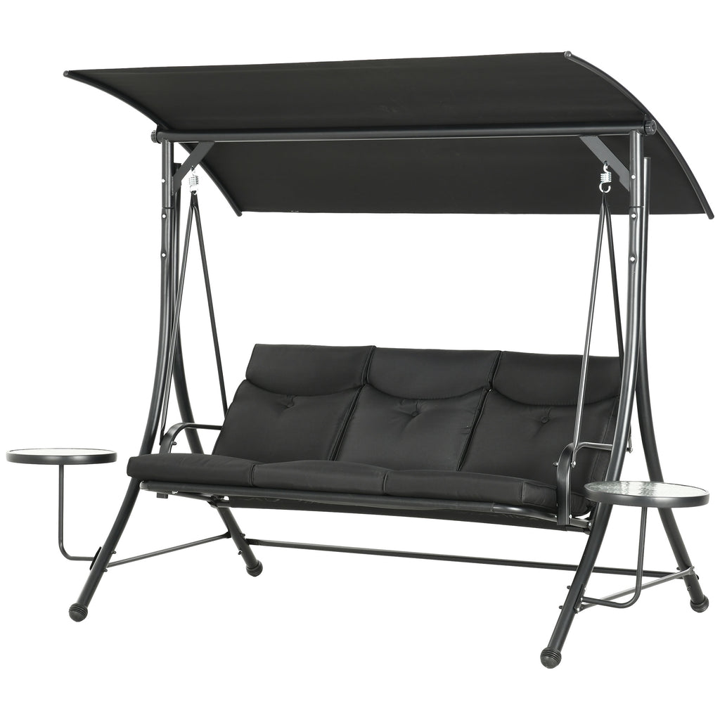 Hollywoodschaukel, Schaukelbank, 3-Sitzer Gartenschaukel mit verstellbarem Sonnendach, 278 x 135 x 177 cm, Schwarz