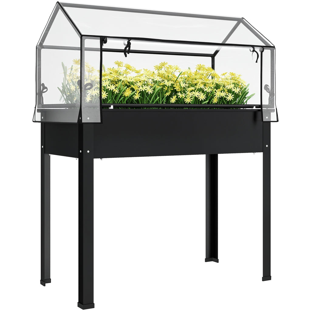 Hochbeet mit Gew?chshaus-Dach, Erh?hte Pflanzenbox mit Ablaufl?chern, 100 x 48 x 124 cm, Schwarz
