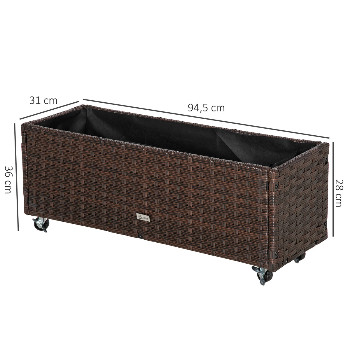 Hochbeet Poly Rattan mit Rollen Pflanzkasten mit Abflusslöchern Blumenkasten Blumenkübel Kaffee-Braun 94,5 x 31 x 36 cm
