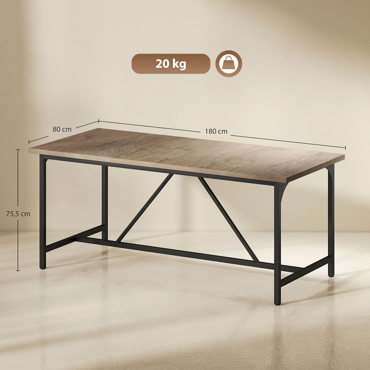 Esstisch für 6-8 Personen Moderner Rechteckiger Küchentisch mit Holzoptik, 180 x 80 x 75,5 cm, Natur